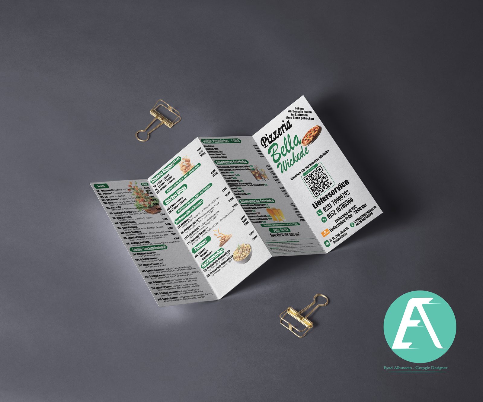 Trifold menu design for Pizzeria Bella Wickede, folded open on a table
